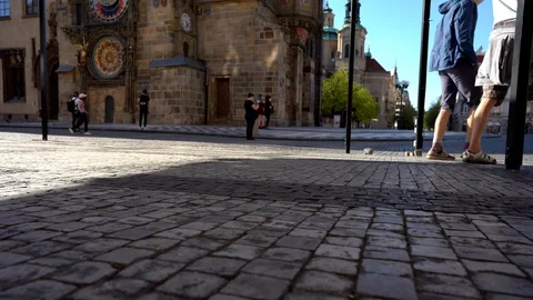 Empty streets on a sunny day. Astronomical Clock in the Old Town Square Stock Footage 128417757