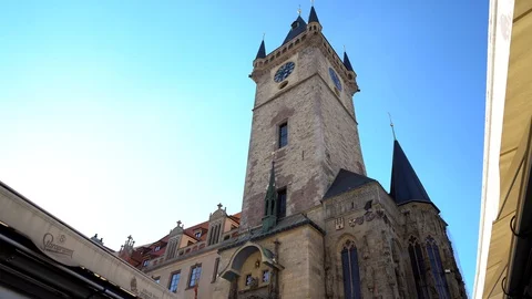 Empty streets on a sunny day. Astronomical Clock in the Old Town Square Stock Footage 128417854