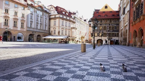 Empty streets on a sunny day. Astronomical Clock in the Old Town Square Stock Footage 128420226
