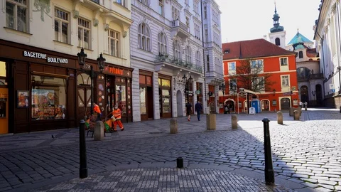 Empty streets on a sunny day closed shops and empty shopping Stock Footage 128419355