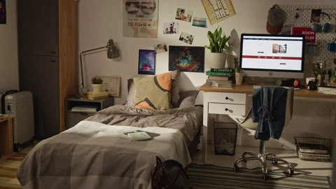 Empty Student Bedroom Featuring Desk for Online Learning Stock Footage 338105892
