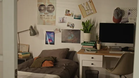Empty Student Bedroom Showing Study Desk for Online Learning Stock Footage 338082839