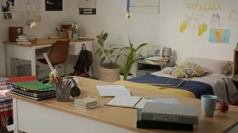 Empty Student Desk with English Book Waiting for Online Learning Stock Footage 342500611