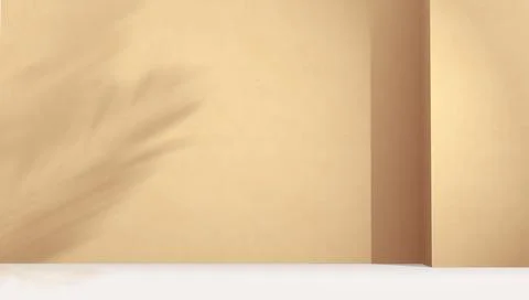 Empty studio with beige color wall and palm leafs shadow. Background design for Stock Illustration