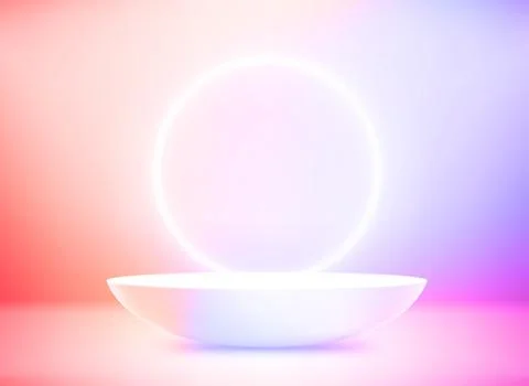 Empty studio with neon glow and podium. Vector 3d illustration Stock Illustration