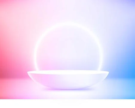 Empty studio with neon glow and podium. Vector 3d illustration Stock Illustration