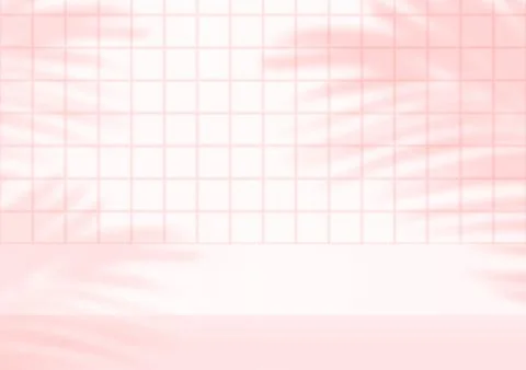 Empty studio pink tiles background with palm leaves for product display. Show Stock Illustration