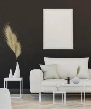 Empty studio room loft apartment background with couch, table and blank picture Illustrazione stock