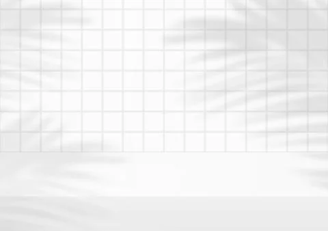 Empty studio white tiles background with palm leaves for product display. Sho Stock-Illustration