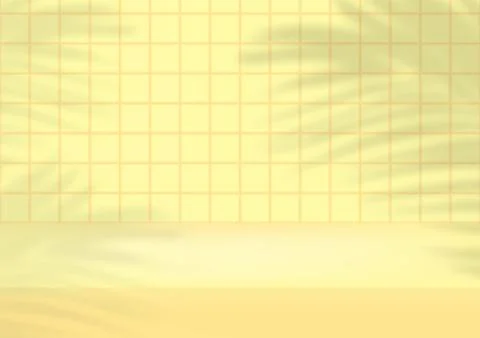 Empty studio yellow tiles background with palm leaves for product display. Sh Stock-Illustration