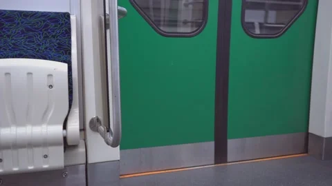 Empty subway car. Inside view. Underground carriage arriving at station. Stock Footage 141316639