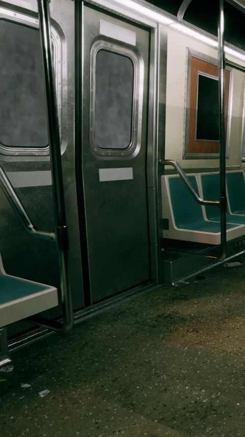 Empty subway car interior during late evening hours in a busy city Stock Footage 341972745