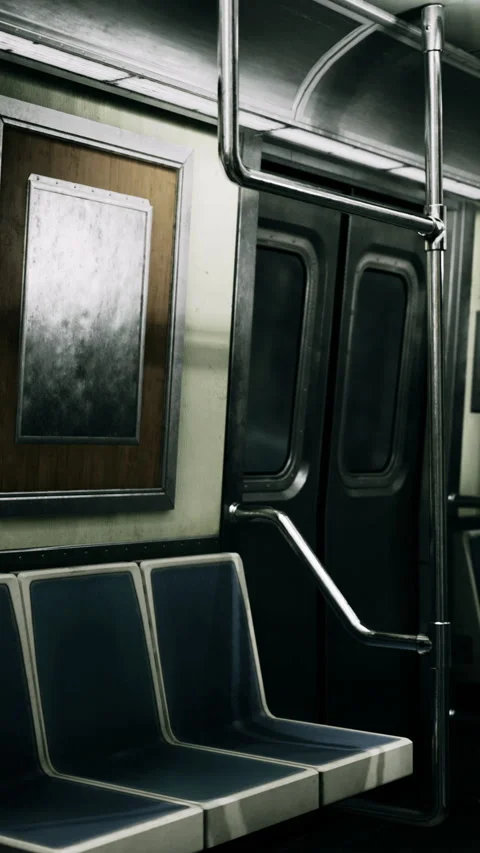 Empty subway car with metal railing and seats during quiet hours Video stock 334889308