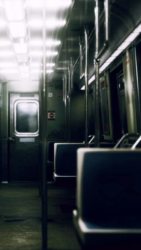 Empty subway car at night with dim lights and seats Stock Footage 334250913