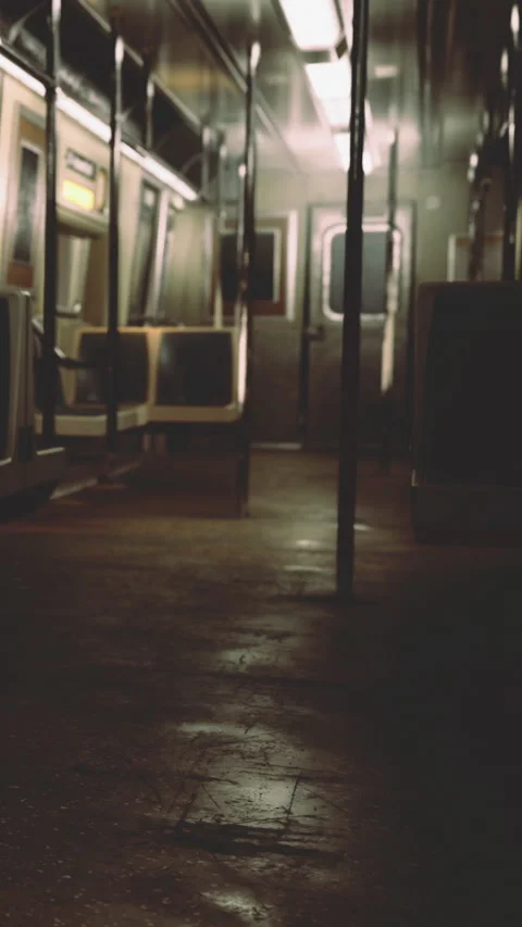 Empty subway car at night with lights on and reflections on the floor Stock Footage 342451189