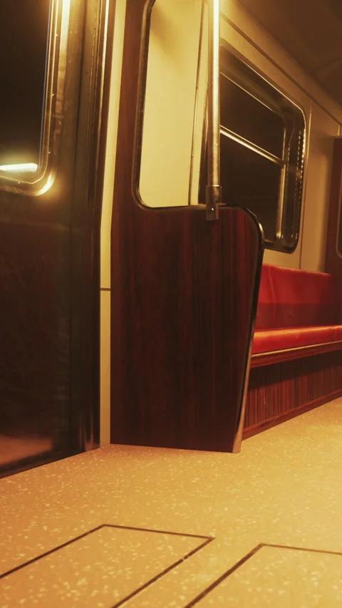 Empty subway car at night with open door and visible seating Stock Footage 337949942