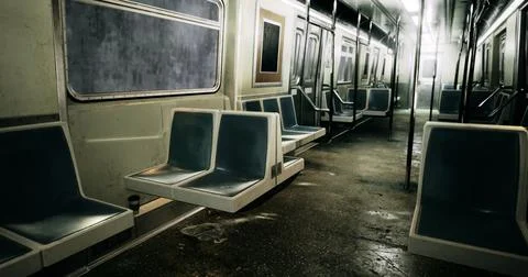 Empty subway car in urban environment during a rainy day Stock Illustration