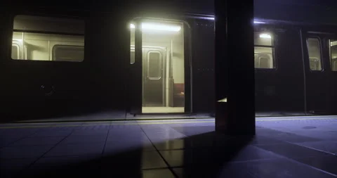 Empty subway platform with illuminated train at night in urban setting Stock Footage 320145874