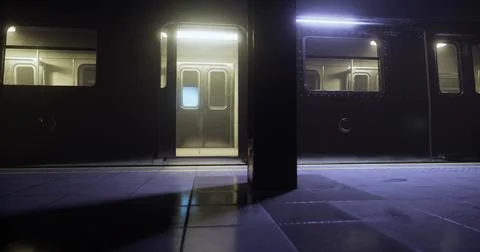 Empty subway platform with illuminated train at night in urban setting Stock Illustration