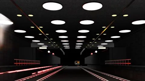 Empty Subway Platform Under Rows of Round Ceiling Lights Stock Illustration