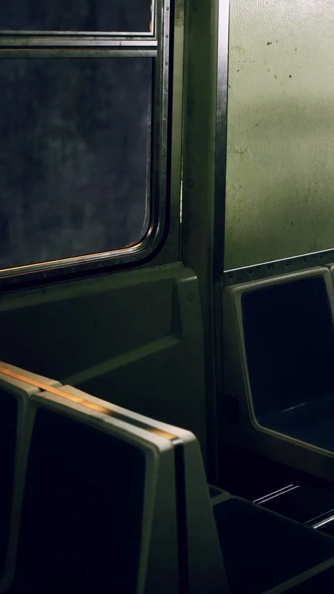 Empty subway seats near the window in a quiet train carriage during travel Stock Footage 332225429