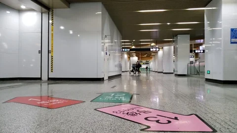 Empty Subway Station at Usually the Busiest Line Intersection in China Stock Footage 124677998