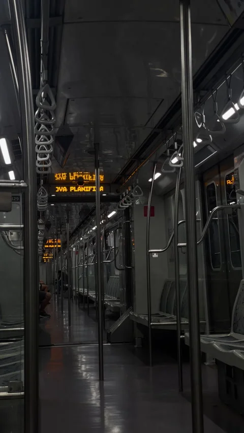 Empty Subway Train Car Interior with Metal Poles and Handrails Vidéo 332370971