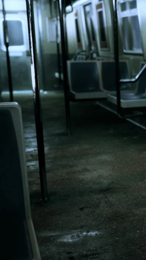 Empty subway train in a dimly lit station during evening hours Vídeos de archivo 339403233