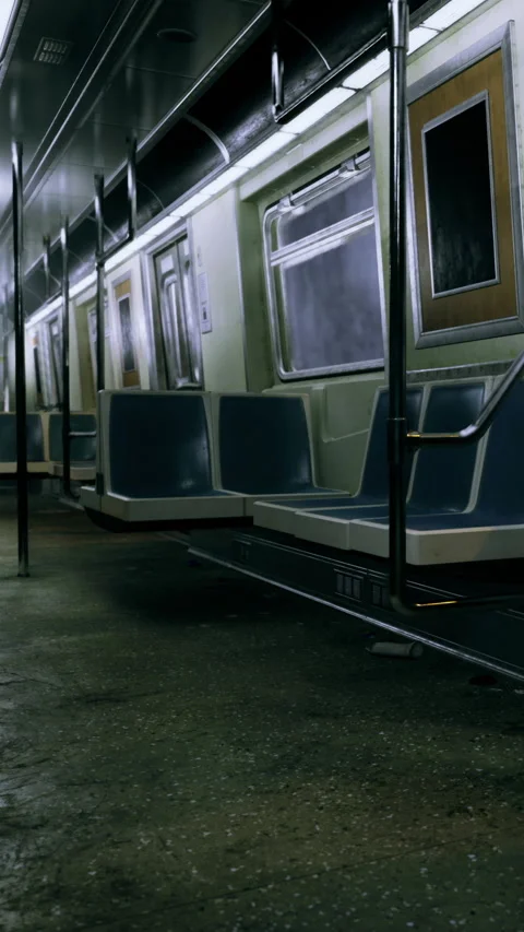 Empty subway train interior with blue seats in a city transport system Stock Footage 342449306