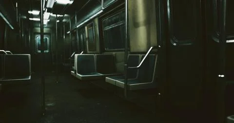 Empty subway train interior with dim lighting at night Stock Illustration