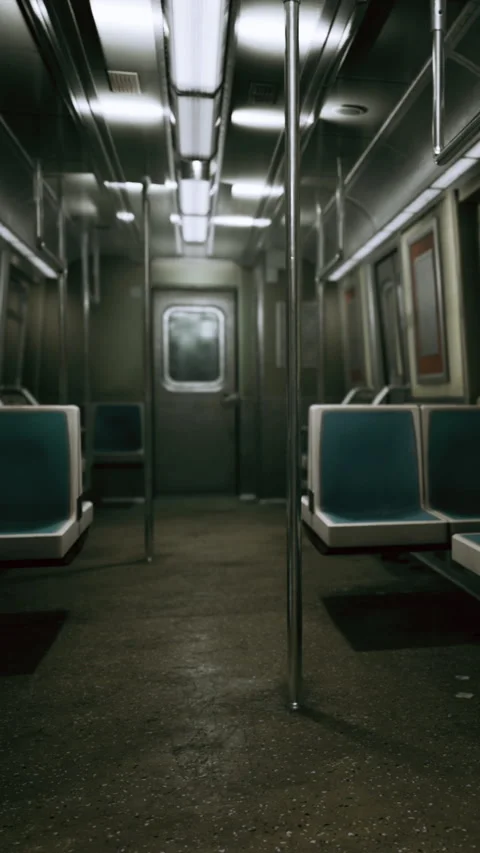 Empty subway train interior during late night hours with dim lighting Stock Footage 338418854