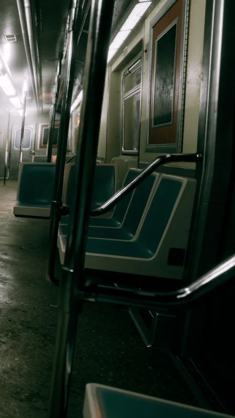 Empty subway train interior during late night hours with wet floor Stock Footage 341976107