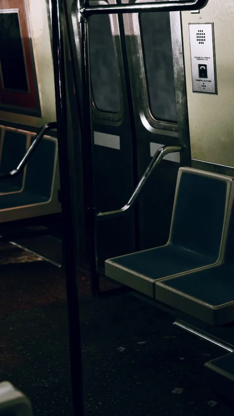 Empty subway train interior in the evening with blue seats and poles Stock Footage 341253196