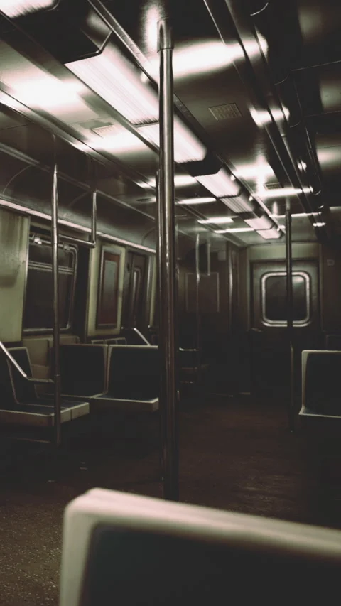 Empty subway train interior with metal poles and seats at night Stock Footage 334185954