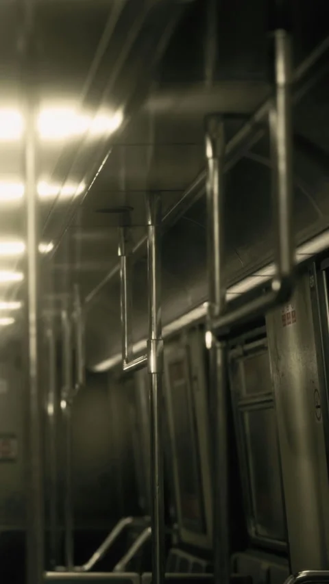 Empty subway train interior at night with dim lighting and metal poles Stock Footage 334050246