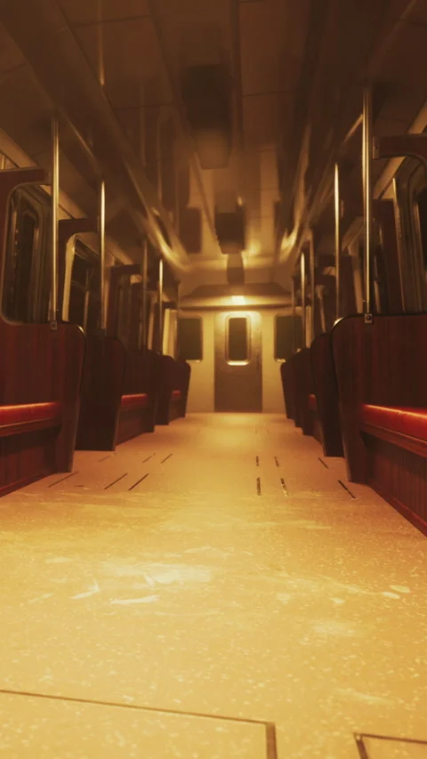 Empty subway train interior at night with soft lighting and seats Stock Footage 337947972