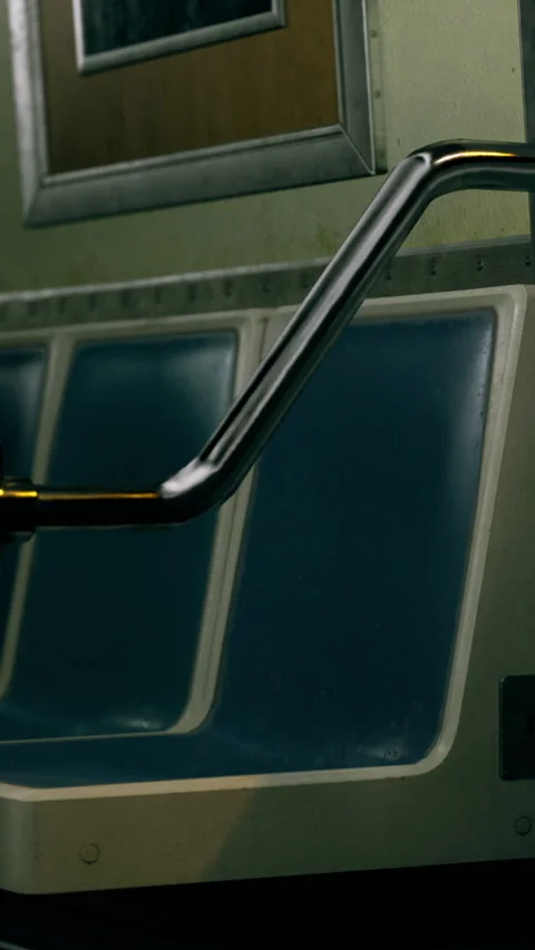 Empty subway train interior showcasing desolate seating and handles Vidéo 325075665