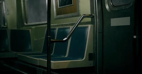 Empty subway train interior showcasing desolate seating and handles Illustration