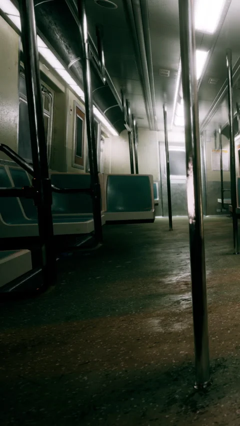 Empty subway train interior showing seats and metal poles in a quiet setting Stock Footage 341269836