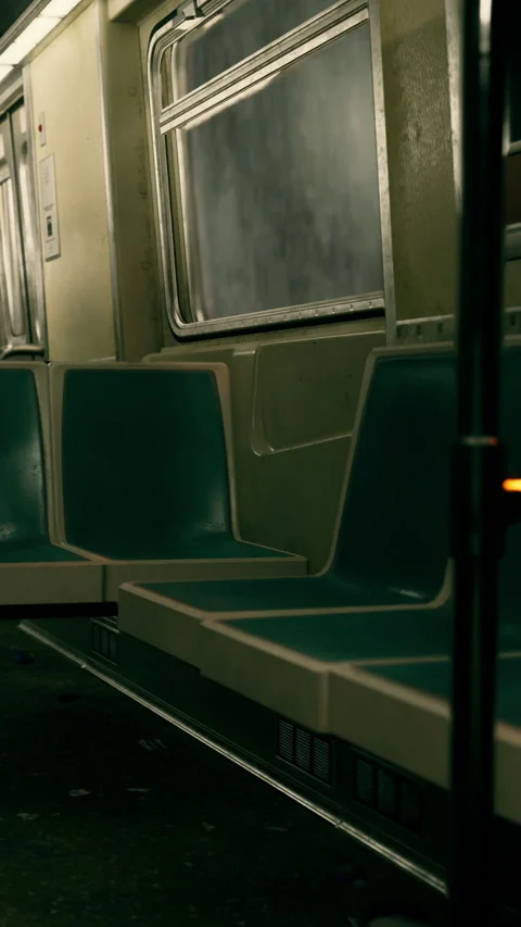 Empty subway train seats in a dimly lit urban setting at night Stock Footage 340635871