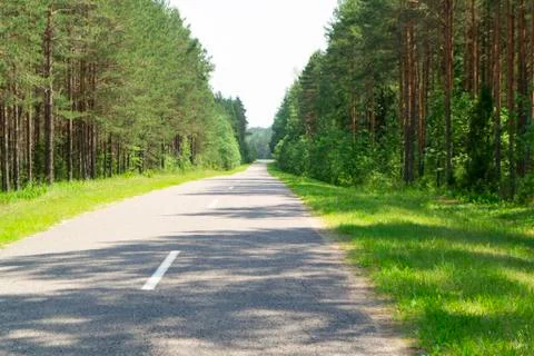 Empty summer road, green forest landscape in Belarus Stock Photos