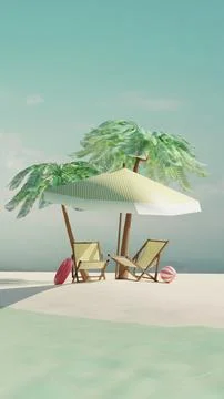 Empty summer tropical beach with coconut palms, beach chairs, umbrella and .. Stock Illustration