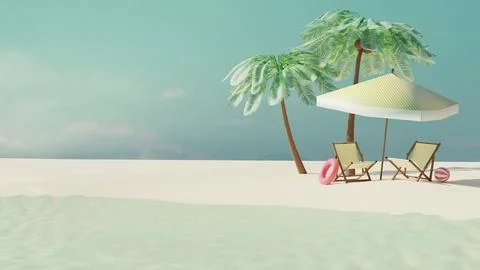Empty summer tropical beach with coconut palms, beach chairs, umbrella and .. Stock Illustration