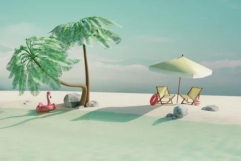 Empty summer tropical beach with coconut palms, beach chairs, umbrella and .. Stock Illustration