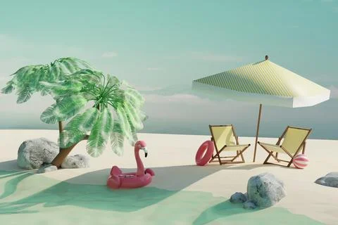 Empty summer tropical beach with coconut palms, beach chairs, umbrella and .. Stock Illustration