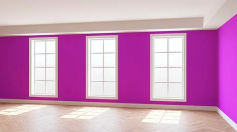 Empty Sunlit Interior Concept with Pink Walls, Three Large Windows Stock Illustration