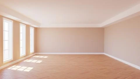 Empty Sunlit Interior with Parquet Floor, Large Plastic Windows, Beige Walls Stock Illustration