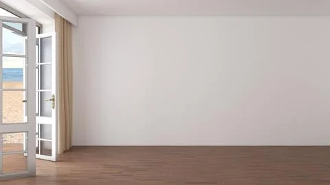 Empty Sunlit Room with Open Door to Beach and Ocean Stock Illustration