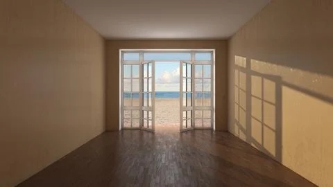 Empty Sunlit Room with Open Doors to Beach and Sea View Stock Illustration