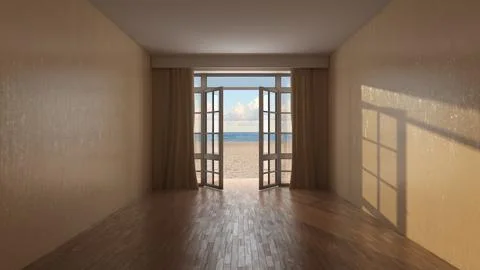 Empty Sunlit Room with Open French Doors Overlooking Sandy Beach Stock Illustration